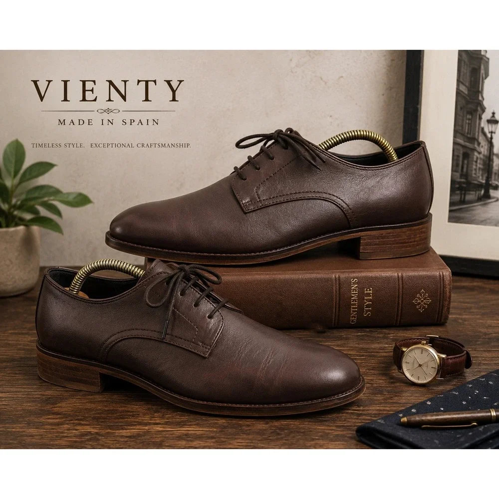 Vienty Men's Brown Plain Toe Derby Dress Shoes Leather Size 6.5 Made in Spain
